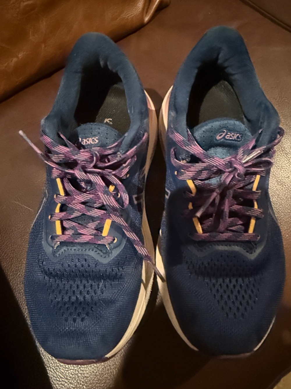 ASICS Navy Sneakers with Purple Laces and Yellow Accents